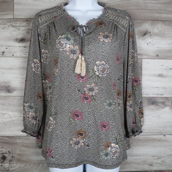 Style & Co.* Women's Long Sleeve Ruffled Boat Neck Keyhole Tassel Blouse~Size PL - Picture 1 of 12